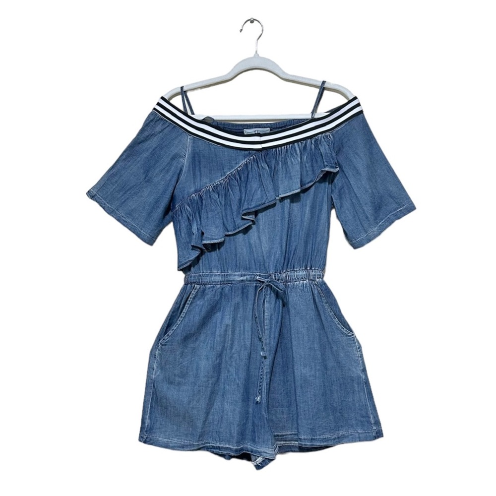 Y.L Elim Fashion and Collection Denim Ruffled Cold Shoulder Romper Size Large